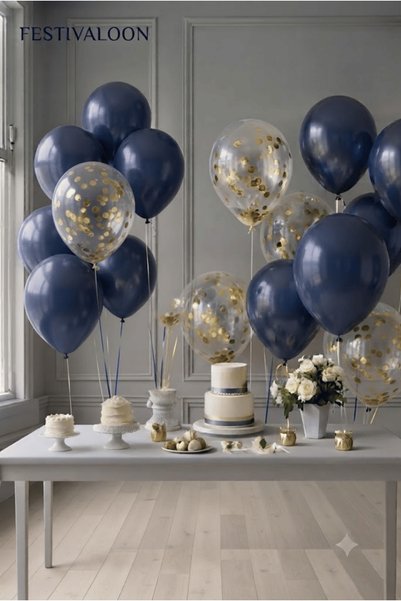 FESTİVALOON Set of 20 Navy Blue Transparent Balloons with Gold Confetti for B...