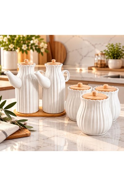 Pembelia Life 6 Parça Bambu Standlı 2’li Porselen Yağdanlık Set 3’lü Porselen...
