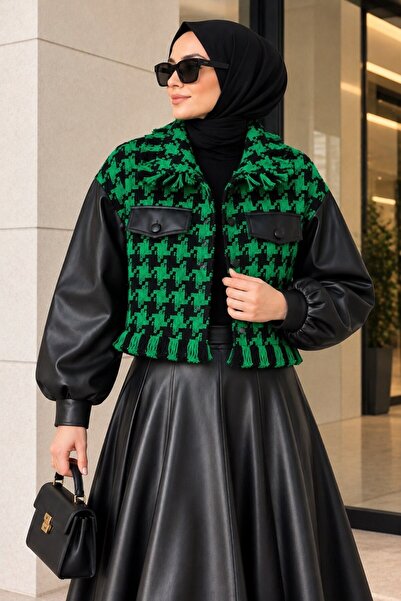 SHEZAN MODA Kadın Yeşil Siyah Desenli Deri Kollu Püsküllü Kısa Ceket BB-102047