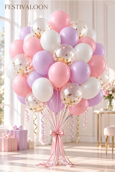 FESTİVALOON 20'li Pembe Lila Beyaz Şeffaf Balon Seti Gold Konfetili Doğum Gün...