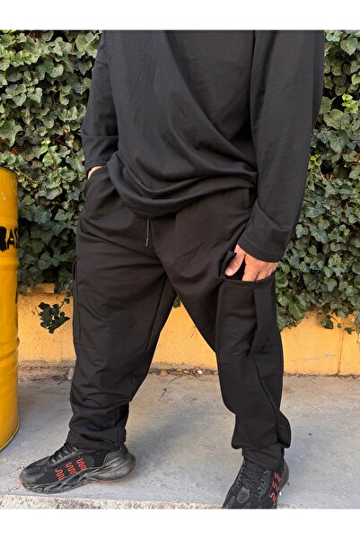 Bas Body FitnessWear Pantaloni de trening negri, mărime mare, cu buzunar supl...