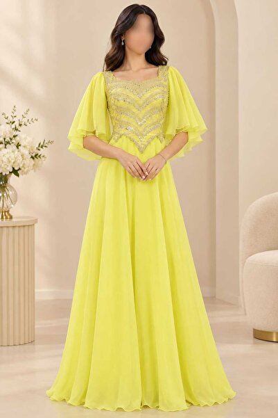 Barly Luxury Embroidery Shiny Sequins Lemon Yellow Evening Dress with Cape Sl...