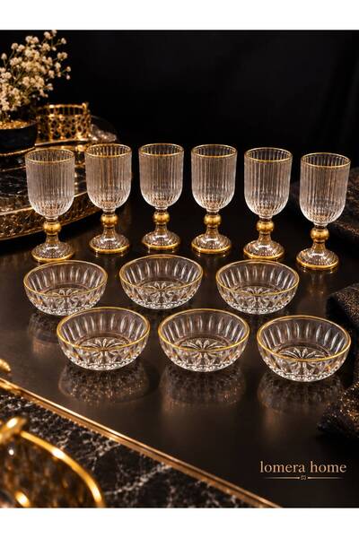 Lomera Home Lüks Gold Detaylı 12 Parça Su Bardağı ve Lokumluk Seti – 6 Adet K...