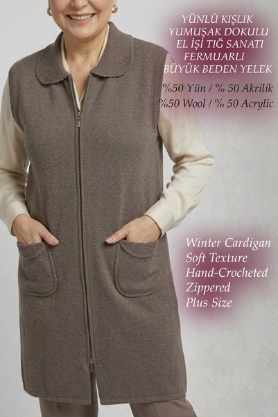 Laden Knitwear Large Size Wool Thick Winter Mom Long Vest Handmade Crochet Zippered Soft Cap Battal Women's Polo Collar