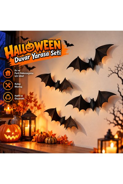 Mynivora Halloween Yarasa Duvar Süsü 4'lü Set Cadılar Bayramı Dekorasyonu Siy...
