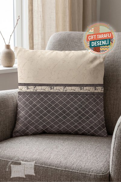 Nordica Mermer Desenli Bej Antrasit Geometrik Yastık Kılıfı-Baklava Çizgili M...