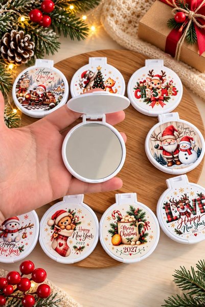 hazztasarım New Year's Themed 3-Piece Printed Bag Size Mini Decorative Mirror (3 Random Different Candles Will Be Sent)