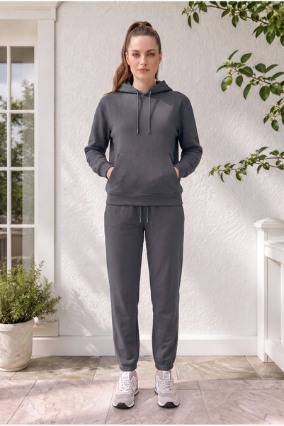 Zenvia Women's Smoked 3-Thread Kangaroo Tracksuit Set with Cotton Inside, Winter Soft Textured