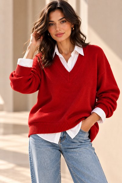deqfashion Pulover de damă, pulover roșu, pulover cu decolteu în V, pulover t...