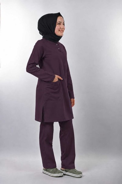 EMİR MEDİKAL (Soft) Tesettür Plum Lycra Women's Medical Uniform Doctor and Nurse Uniform Scrubs Surgical Suit