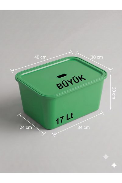 decosense Large 17 Liter 40X30X20 cm Polypropylene Plastic Organizer with Green Lid - Toy Box and Storage Basket