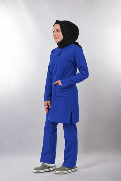 EMİR MEDİKAL (Soft) Tesettür Saks Blue Lycra Women's Medical Uniform Doctor and Nurse Uniform Scrubs Surgical Suit