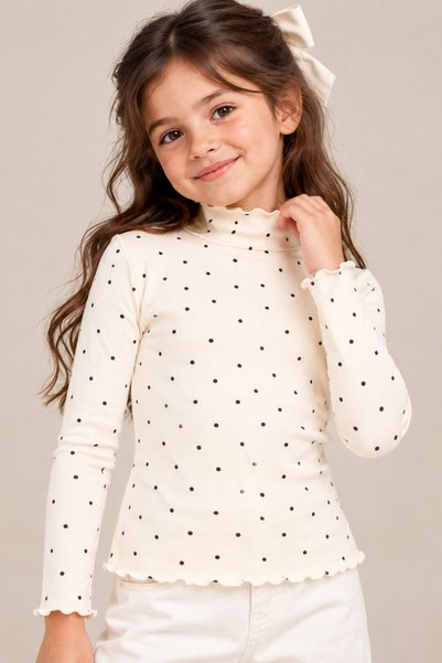 TOP CLOTHE بلوزة بناتي بياقة عالية ونقشة منقطة، توب بأكمام طويلة وحواف متموجة...