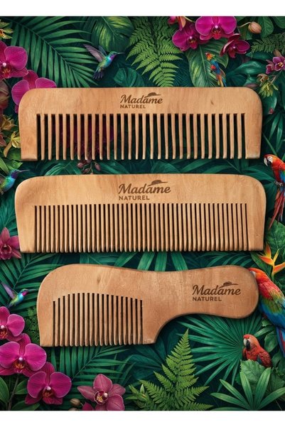 MADAMENATUREL Three Types of Wooden Combs (Cherry Wood) (Narrow Mouth+ Wide M...