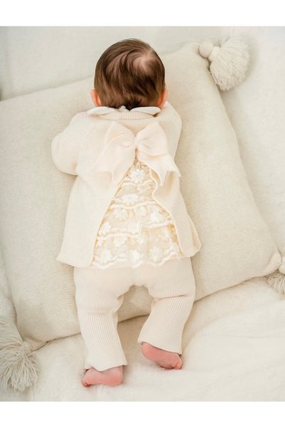 STRAWBABY Ruffled Knitwear Cardigan with Bow on the Back, Baby Collar Bodysuit and Leggings 3-Piece Baby Girl Set