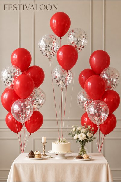 FESTİVALOON Set of 20 Red Transparent Balloons with Silver Confetti Birthday ...