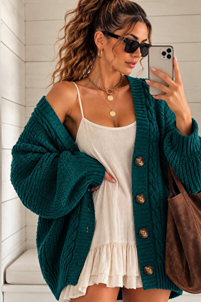 Cherry Butik Loose Hair Knit Detailed Buttoned Low Sleeve Women's Cardigan