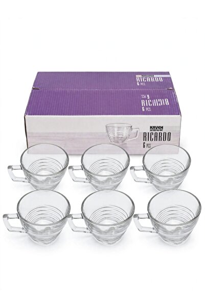 Ricardo 6'lı Kulplu Cam Çay Bardağı - Çizgili Çay Fincanı - 200 ml - Kulplu Bardak