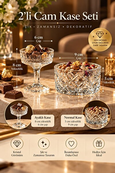 BB Craft 2’li Kristal Desenli Cam Kase Seti – Ayaklı Çikolatalık ve Dekoratif...