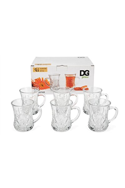 Glass Sunstar 6'lı Kulplu Çay Bardağı - Kulplu Çay Bardağı Seti - Kesme Desenli Cam Bardak