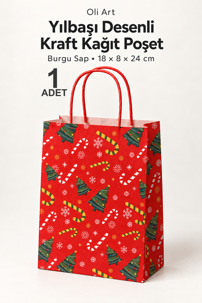 OLİ Art Kırmızı Yılbaşı Desenli 1 Adet Kraft Yılbaşı Hediye Poşeti - Yeşil Çam ve Şeker Baskılı 18x8x24 cm