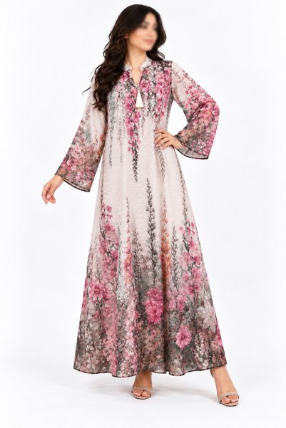White colour جلابية نسائية طويلة بنقشة زهور وأكمام واسعة أنيقة