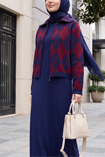 Modamorfo Set tricotat cu model baklava, cu guler polo și cardigan - albastru...