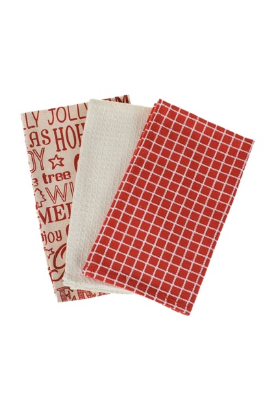 OEM Set 3 Prosoape de Bucătărie de Crăciun 60x35 cm, Roșu-Ecru cu Litere – De...