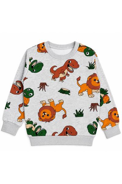 Mirket Çocuk Boys' Cotton Fabric Gray Color Turtle Lion Dinosaur Patterned Long Sleeve Seasonal Pajama Set