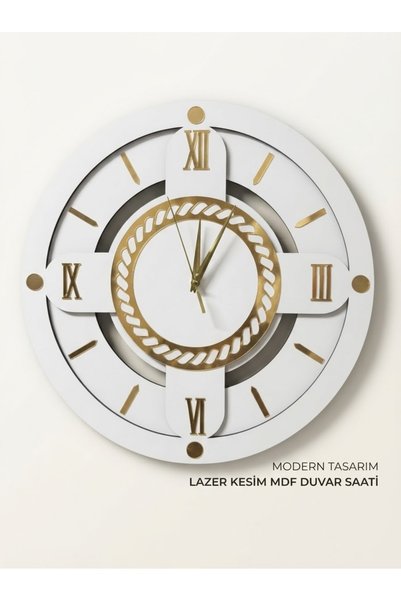 Nixar Desing Led Işıklı Duvar Saati 41 cm Romen Rakamlı Beyaz Gold Ahşap Sessiz Mekanizma Pilli Dekoratif Saat