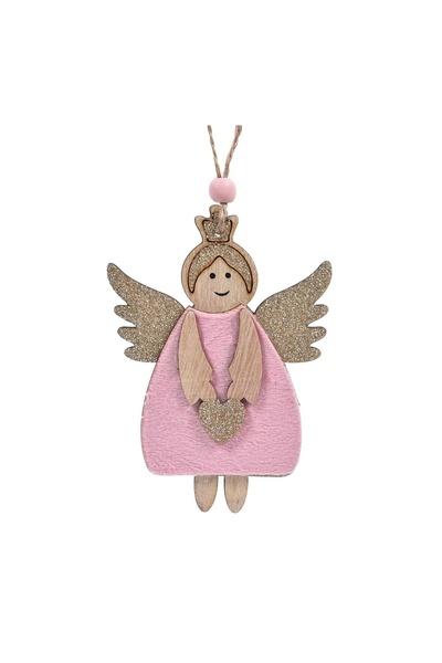OEM Ornament Brad de Crăciun Îngeraș din Lemn Roz Catifelat cu Glitter Bej Sa...