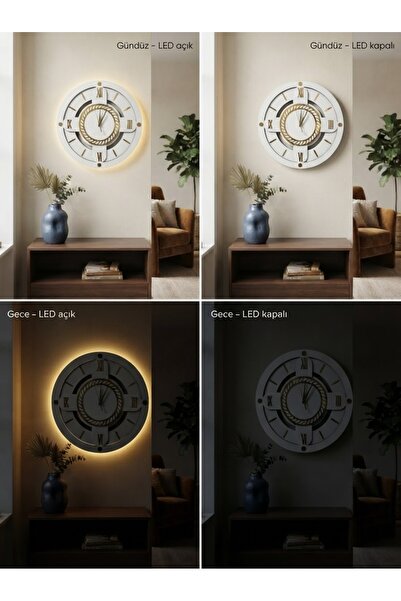 Nixar Desing Led Işıklı Duvar Saati 41 cm Romen Rakamlı Beyaz Gold Ahşap Sessiz Mekanizma Pilli Dekoratif Saat