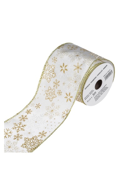 OEM Panglică decorativă brad de Crăciun Satinată Albă cu Fulgi Aurii 5 m x 90 mm
