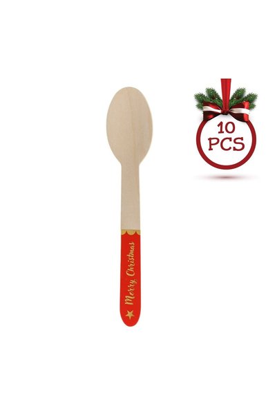 OEM Set 10 Lingurițe din Lemn de Crăciun 16 cm, Roșu-Auriu, Mesaj Merry Chris...