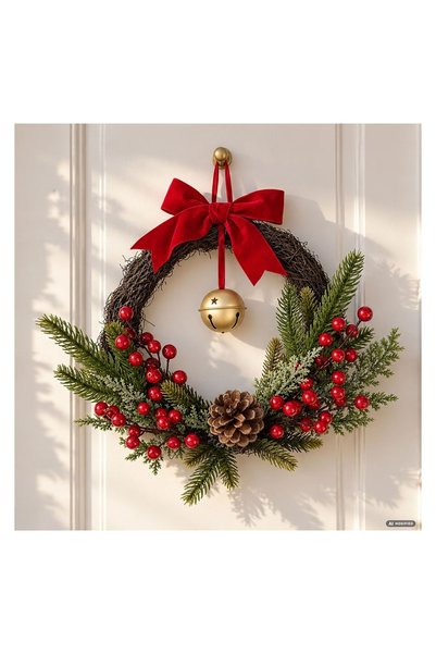 OEM Coroniță de Crăciun cu Berries Roșii și Fundă, 20 cm – Accesoriu Festiv