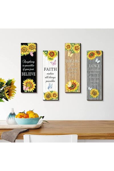 Yelajoy Sunflower Wall Decor Set of 4, Inspirational Wooden Wall Art with Pos...