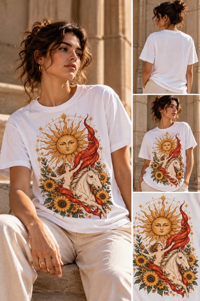 Hand's of ezo تي شيرت Ezo Call of the Sun Tarot Card مطبوع مصنوع من القطن بنس...