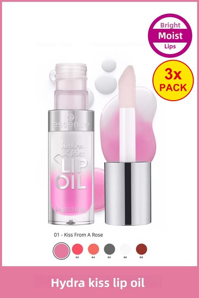 Essence 3 броя Hydra Kiss Олио за устни - Гланц за устни, 01 Целувка от роза