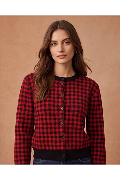 Trend Kapında Women's Plaid Patterned Buttoned Knitwear Cardigan
