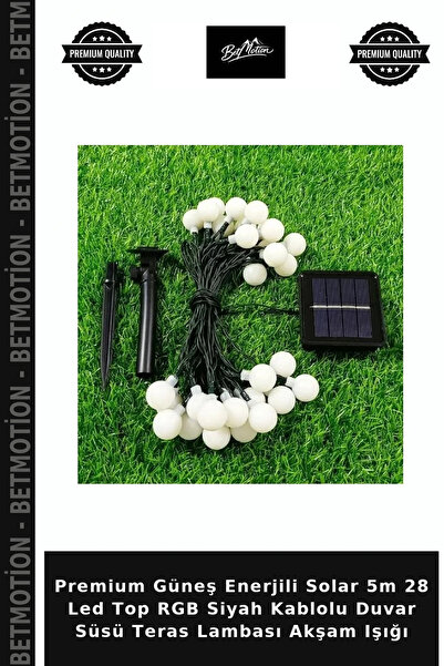 Betmotion Premium Güneş Enerjili Solar 5m 28 Led Top RGB Siyah Kablolu Duvar Süsü Teras Lambası Akşam Işığı