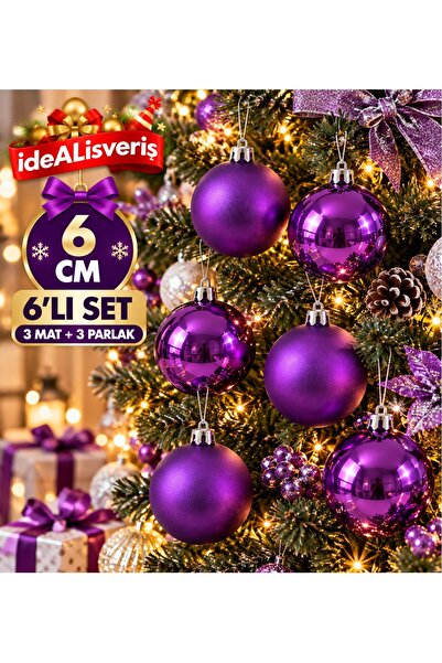 Bkmc 6’lı Haki, Mor, Gold, Lacivert, Mavi, Fuşya, Bordo Ve Kırmızı Yılbaşı Ağacı Süsü 6 cm – 3 Mat 3 Parlak Çam Ağacı Süs Topu Seti Yılbaşı Ağaç Süsü Topu