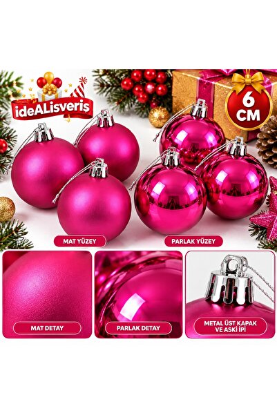 Bkmc 6’lı Haki, Mor, Gold, Lacivert, Mavi, Fuşya, Bordo Ve Kırmızı Yılbaşı Ağacı Süsü 6 cm – 3 Mat 3 Parlak Çam Ağacı Süs Topu Seti Yılbaşı Ağaç Süsü Topu