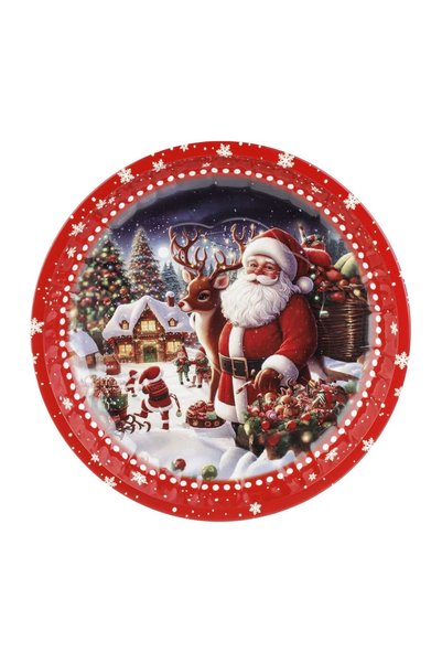 OEM Farfurie Decorativa Metalica de Crăciun Roșie Mos Crăciun Ren Ø26 cm