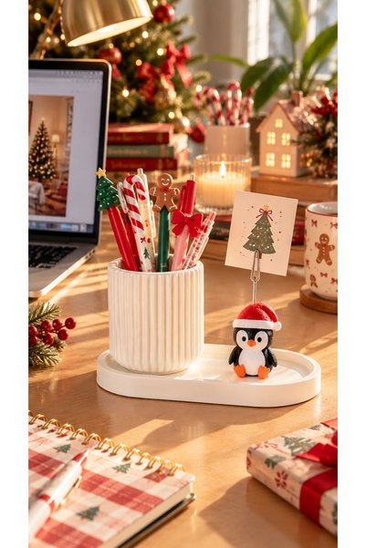 Perazayn Cute Penguin with Christmas Hat Photo and Note Holder Desktop Office Set Organizer Notepad Gift