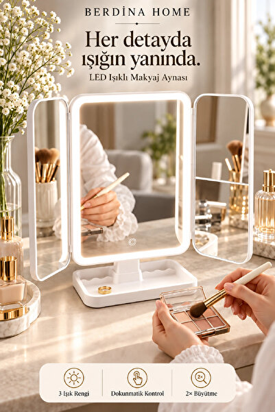 Berdina Home 2’li LED Işıklı Makyaj Aynası Seti Dokunmatik 3 Işık Modlu Katlanabilir Masaüstü Ayna Siyah ve Krem"