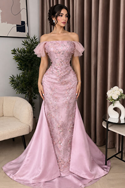 Barly Luxury Dusty Pink Off Shoulder Short Sleeve Evening Dress with Fluffy T...