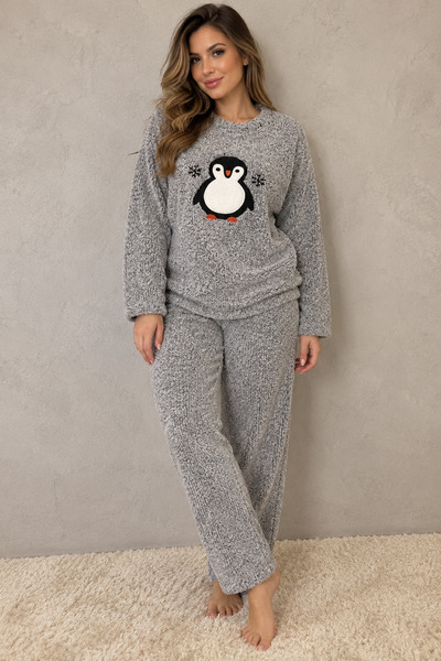 embody Pijama de damă Cocolino, gri pufoasă, cu imprimeu pinguin, bluză cu mâ...
