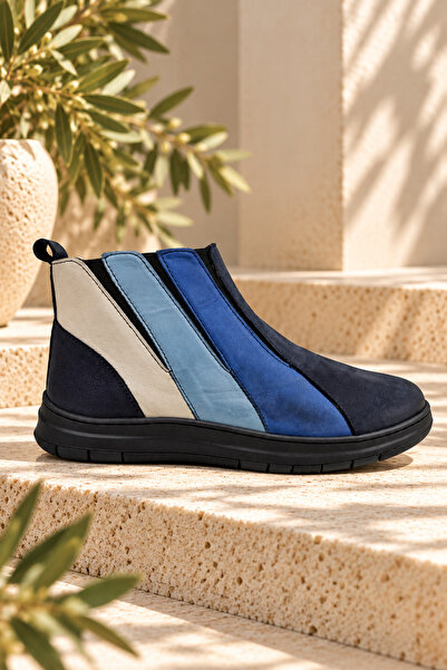 İNZE AYAKKABI Genuine Leather Women's Color-Blocked Zippered Casual Boots Mod...