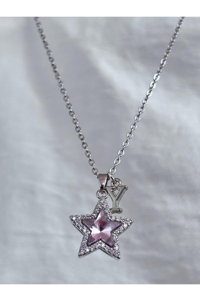 bijoux uniques Y harfli parıltı yıldız pembe taşlı 316L çelik kadın kolye