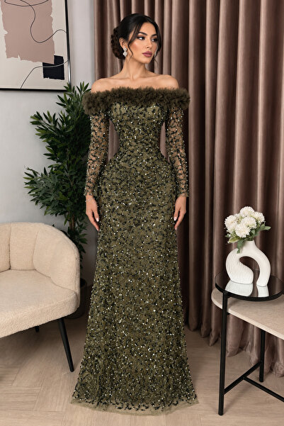 Barly Luxury Evening Dress Dark Olive Off Shoulder Sheer Long Sleeve Gown